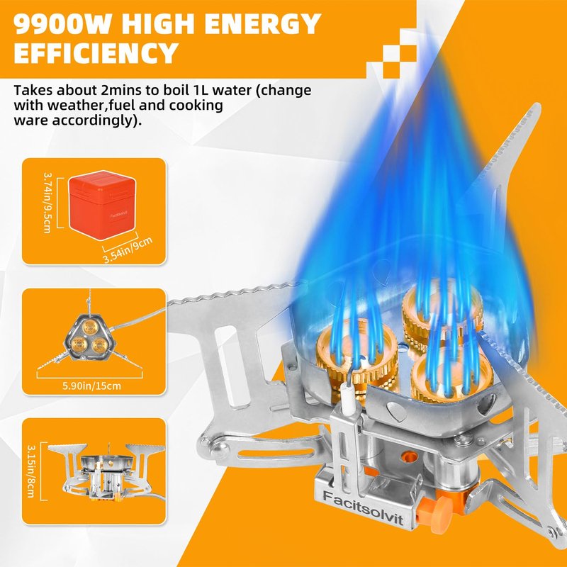 9900W Windproof Camping Gas Stove, Portable Camping Stove with Piezo Ignition, 1LB Propane Tank Adapter, Butane Adapter for Outdoor Cooking, Picnic, Camping and Hiking