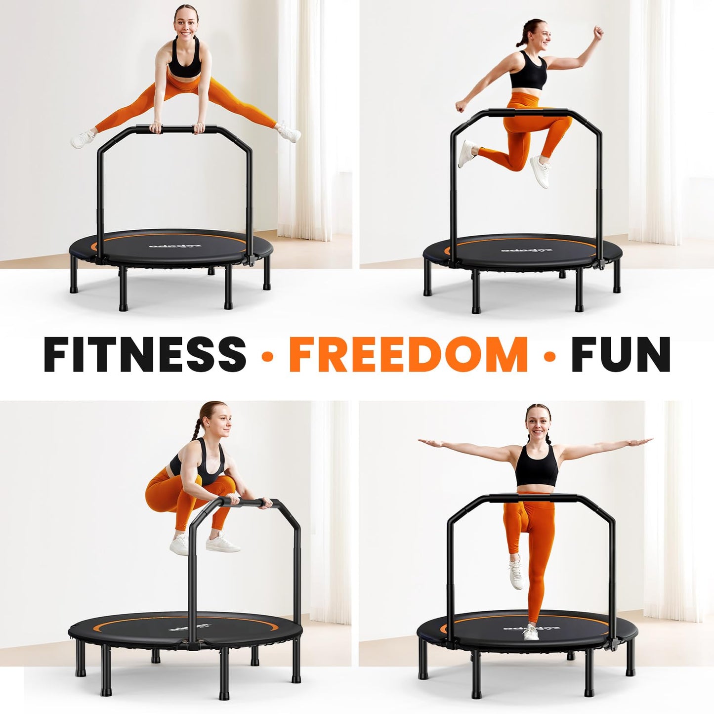 Zupapa 48" Foldable Rebounder, 550LBS Fitness Trampoline with Durable Bungees, Adjustable Handle, Stable & Quiet Exercise Rebounder for Adults, Great Mini Trampoline for Indoor/Garden Workout (48in)