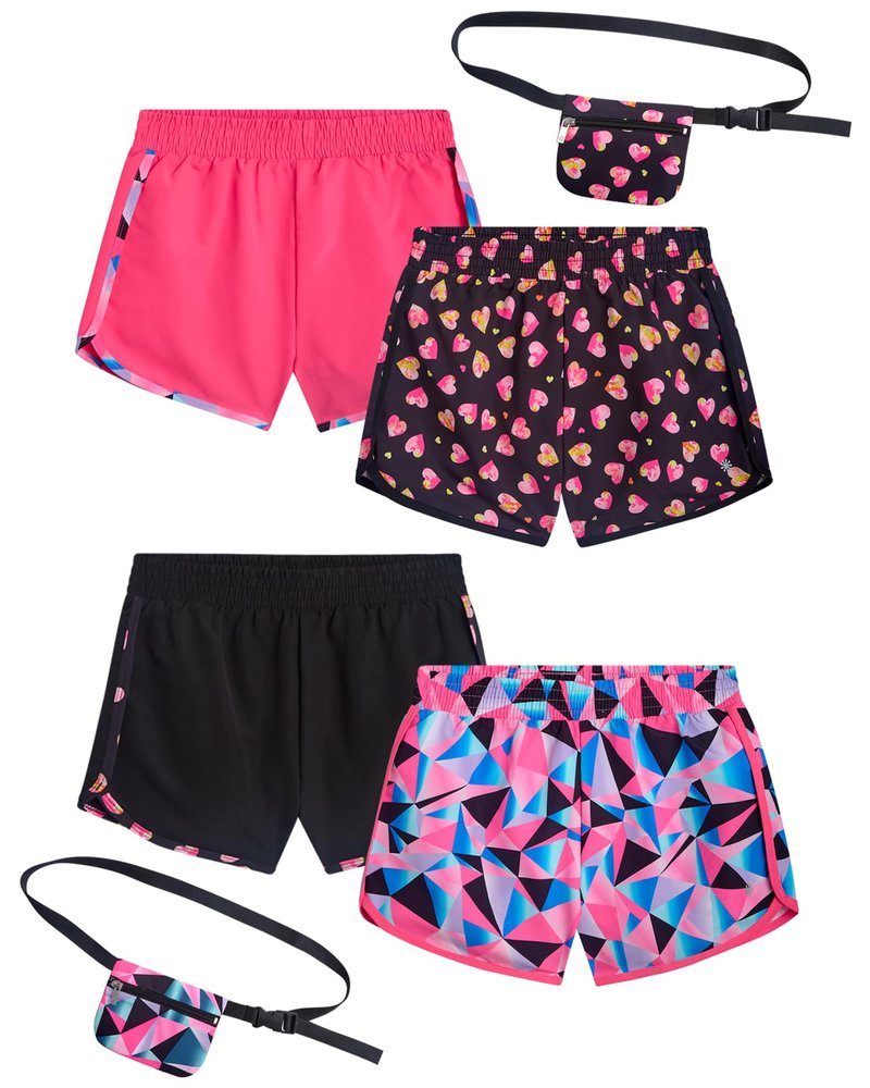 dELiA*s Girls Athletic Shorts - 4 Pack Performance Gym Shorts for Outdoor Activities with Fanny Pack - Size Up for Better Fit, Size 10/12, Black Hearts/Pink Geometric