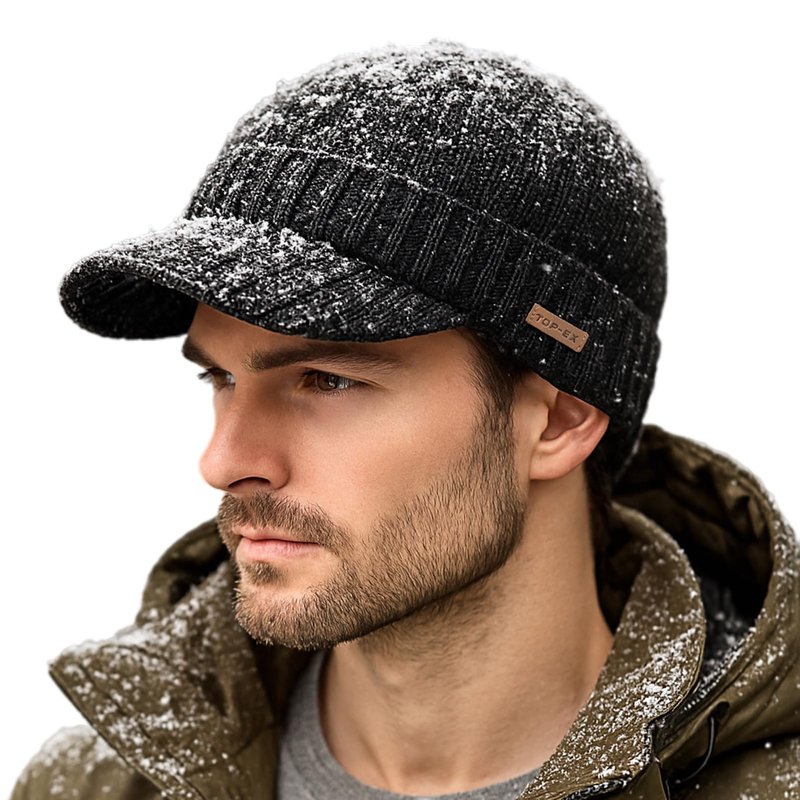 TOP-EX Waterproof Fleece Lined Beanies Hats with Brim for Men Winter Merino Wool Warm Cold Weather Thermal Knit Visor Cap Outdoors Snow Big Head Black Medium Large M L