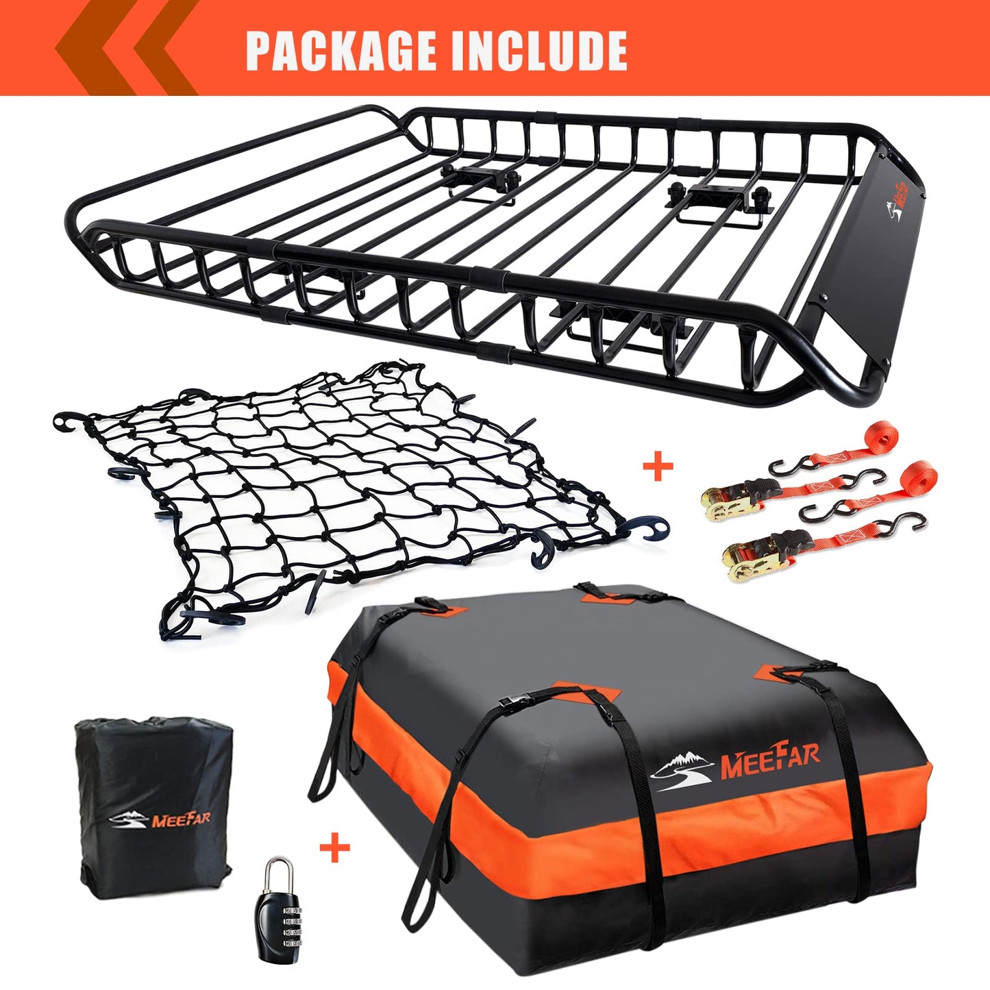 MeeFar Roof Rack Carrier Basket Universal Rooftop 51" X 36" X 5" + Waterproof Bag 15 Cubic Feet (44" 34" 17"), and Cargo Net with Attachment Hooks, Ratchet Straps