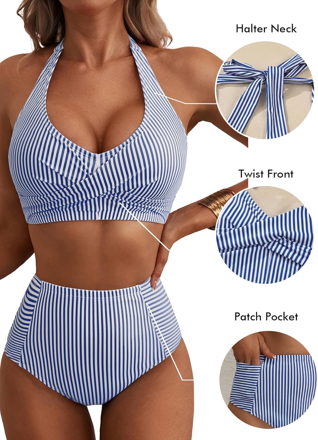 Herseas Women's High Waisted 2-Piece Bikini Set - Striped Halter Swimsuit for Resort Wear | Stylish Patch Pocket Design