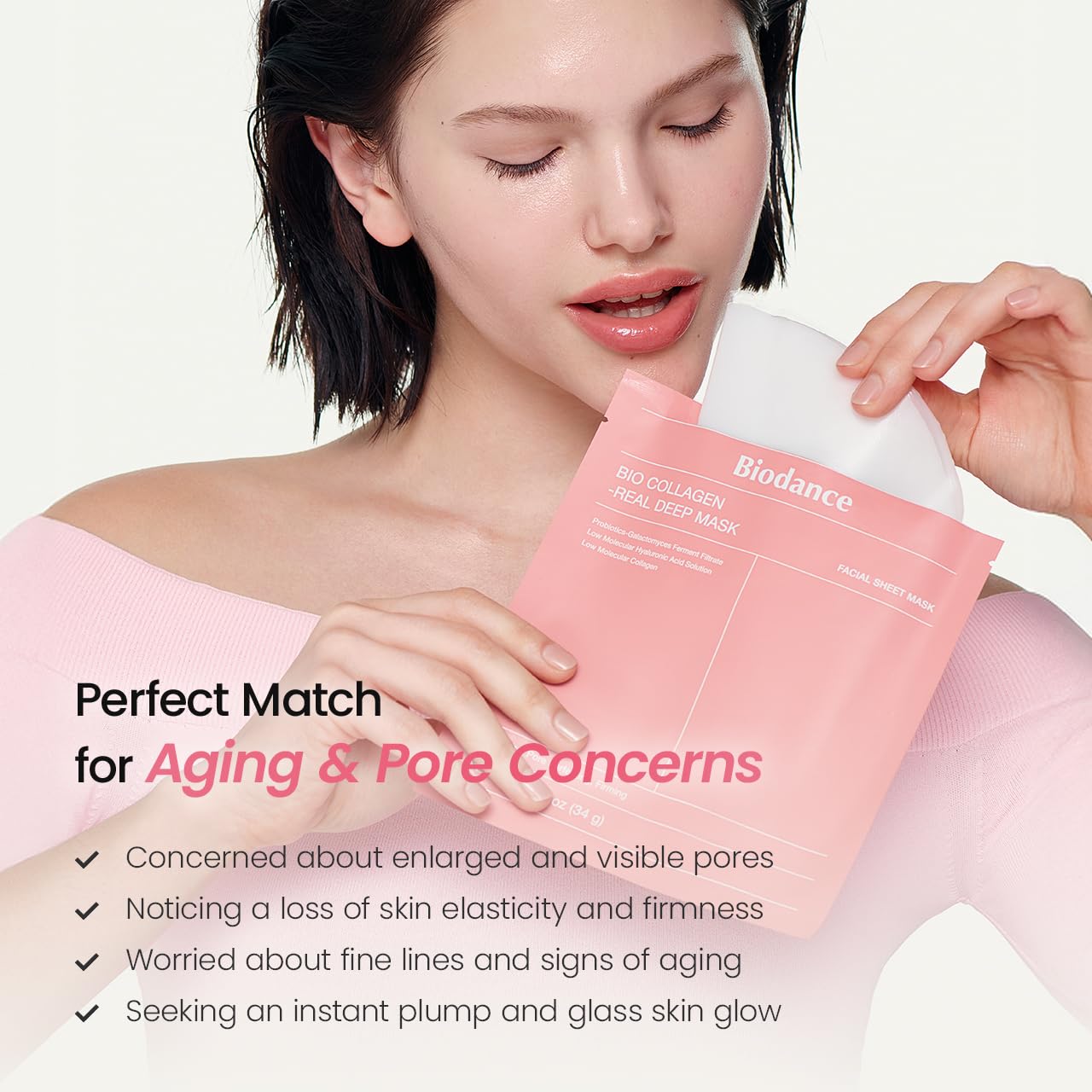 Bio-Dance Bio-Collagen Deep Hydrating Hydrogel Face Mask - Pore Minimizing & Plumping | 1.19oz (34g) x 4 Pack