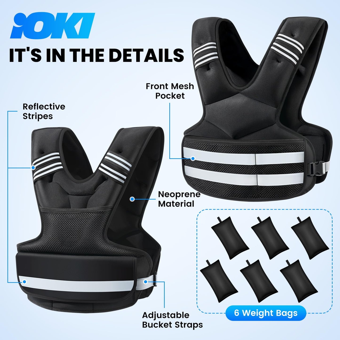 Adjustable Weighted Vest for Women and Men, 11-18lb Rucking Vest with 6 Ironsand Weights, Reflective Stripe and Storage Pocket for Running, Workouts, Strength Training