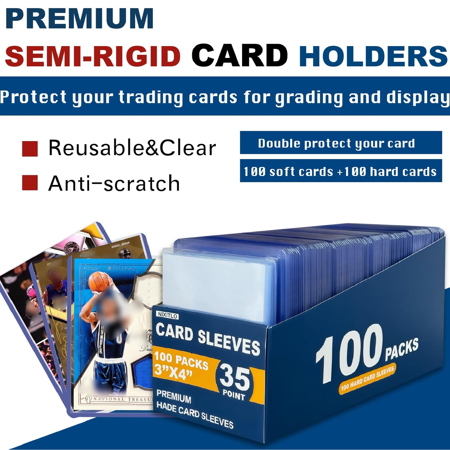 Nixitlo 800 Top Loaders for Cards for Baseball, Football, MTG Cards, Ultra-Clear Protectors for Trading Collectibles (400 Hard Sleeves+400 Soft Sleeves)