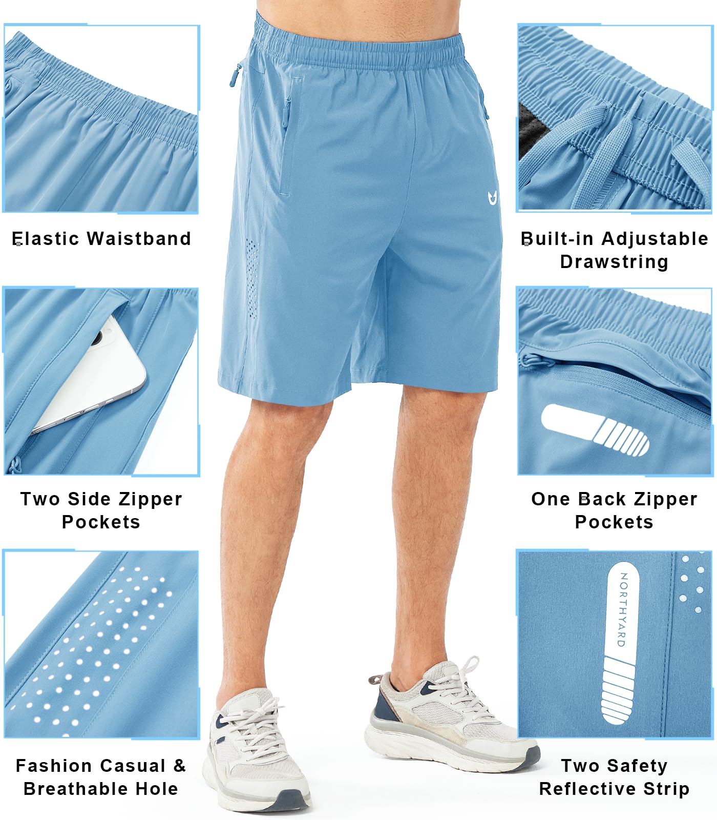 NORTHYARD Men's Athletic Running Shorts Gym Workout 7"/9"/5" Quick Dry Lightweight Sports Basketball Tennis 3 Zipper Pockets SKYBLUE-9inch 2XL