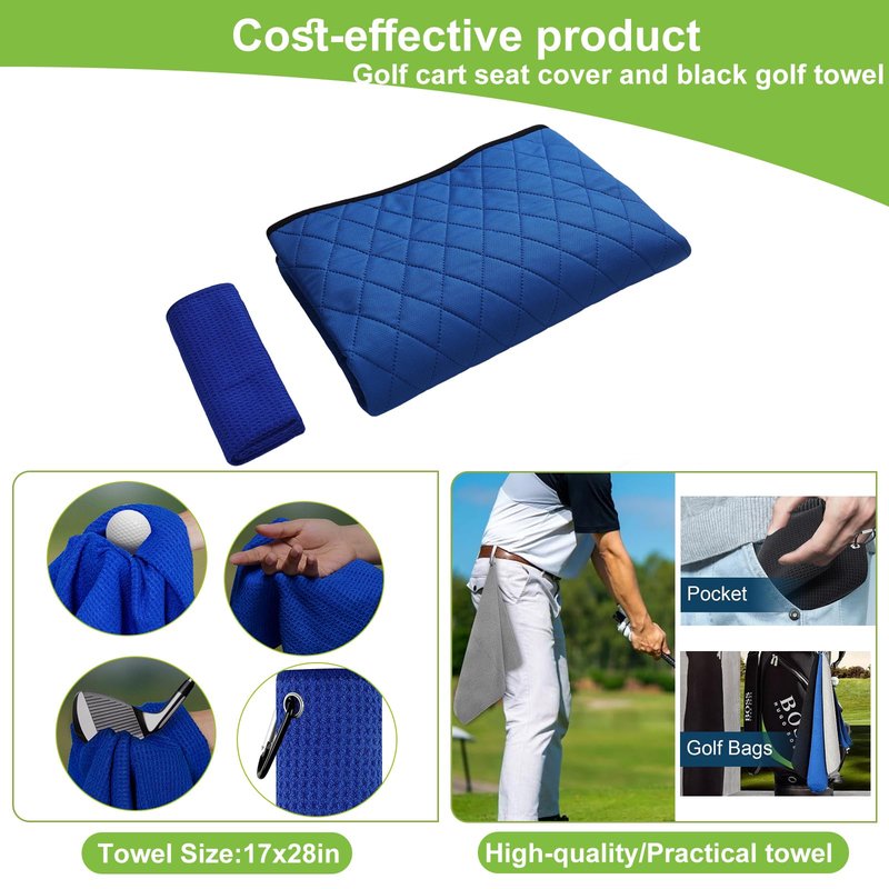 Triforde Golf Cart Seat Cover - Anti-Slip Waterproof Golf Cart Seat Covers for EZGO, Yamaha, Club Car | 4 Side Pockets | All-Season Comfort (Breathable Cotton) | Blue