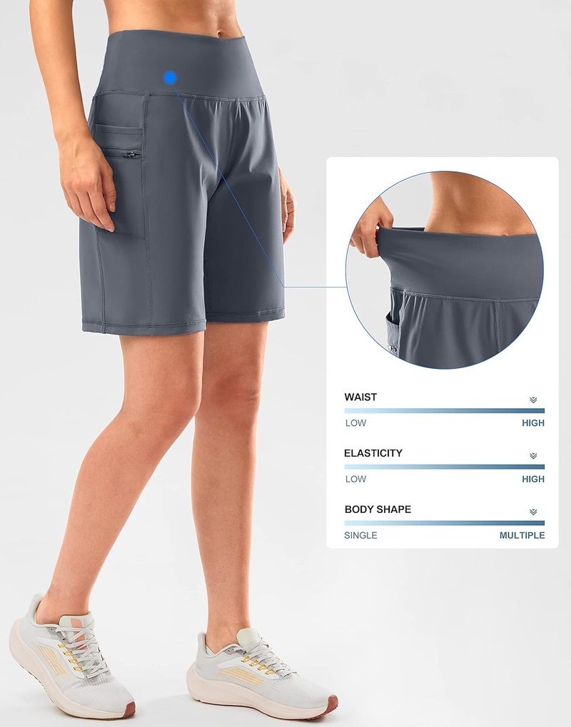 High Waisted Bermuda Shorts for Women - Athletic Knee Length with Zipper Pockets | Comfortable Fit