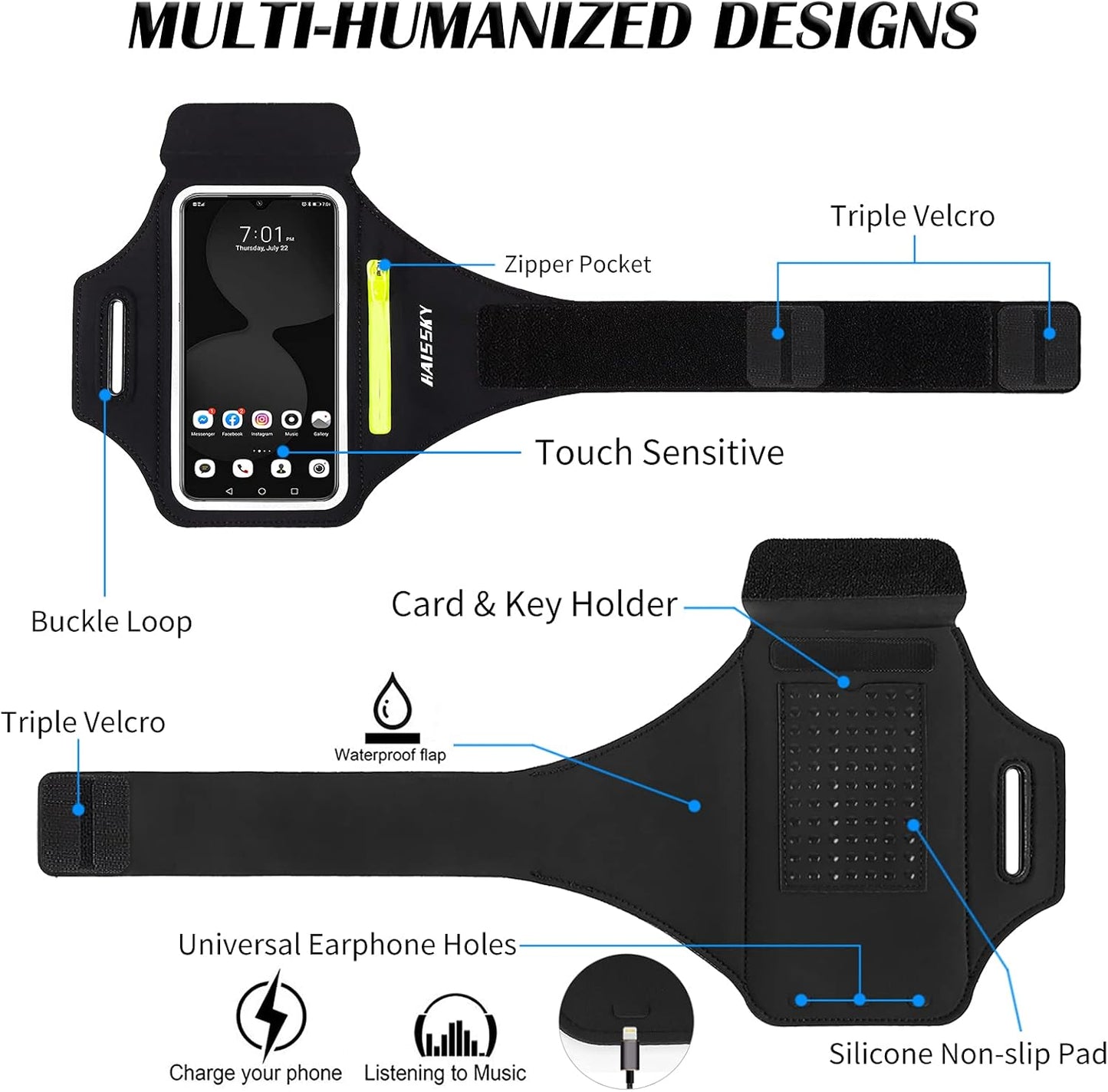 Running Armband for iPhone & Galaxy | Water Resistant Sports Phone Holder with Earphone Bag & Zipper Slot for 6.7" Phones