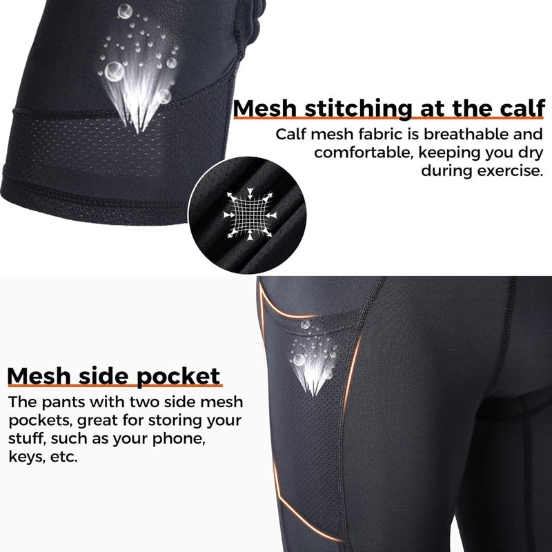 COOLOMG Men Basketball Leggings with Knee Pads 3/4 Padded Compression Pants Black L