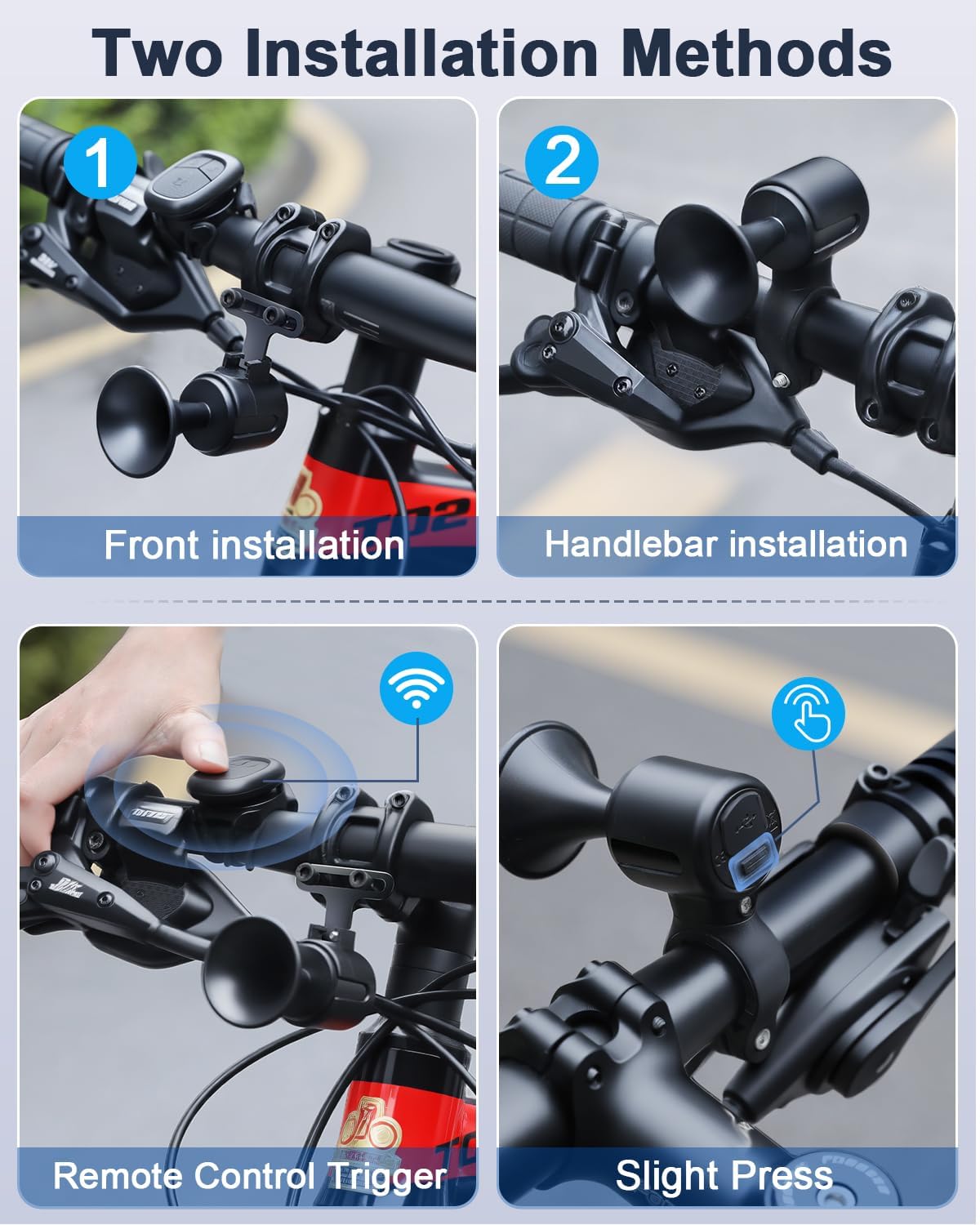 ‌POWVINE 120dB Loud Bike Horn,Bicycle Horn with Anti-Theft,Electric Bike Horn with Wireless Remote USB-C Rechargeable & Suspension Mount Bike Horn for Adults Kids Bike,Scooter, Ebike, IPX5 Waterproof