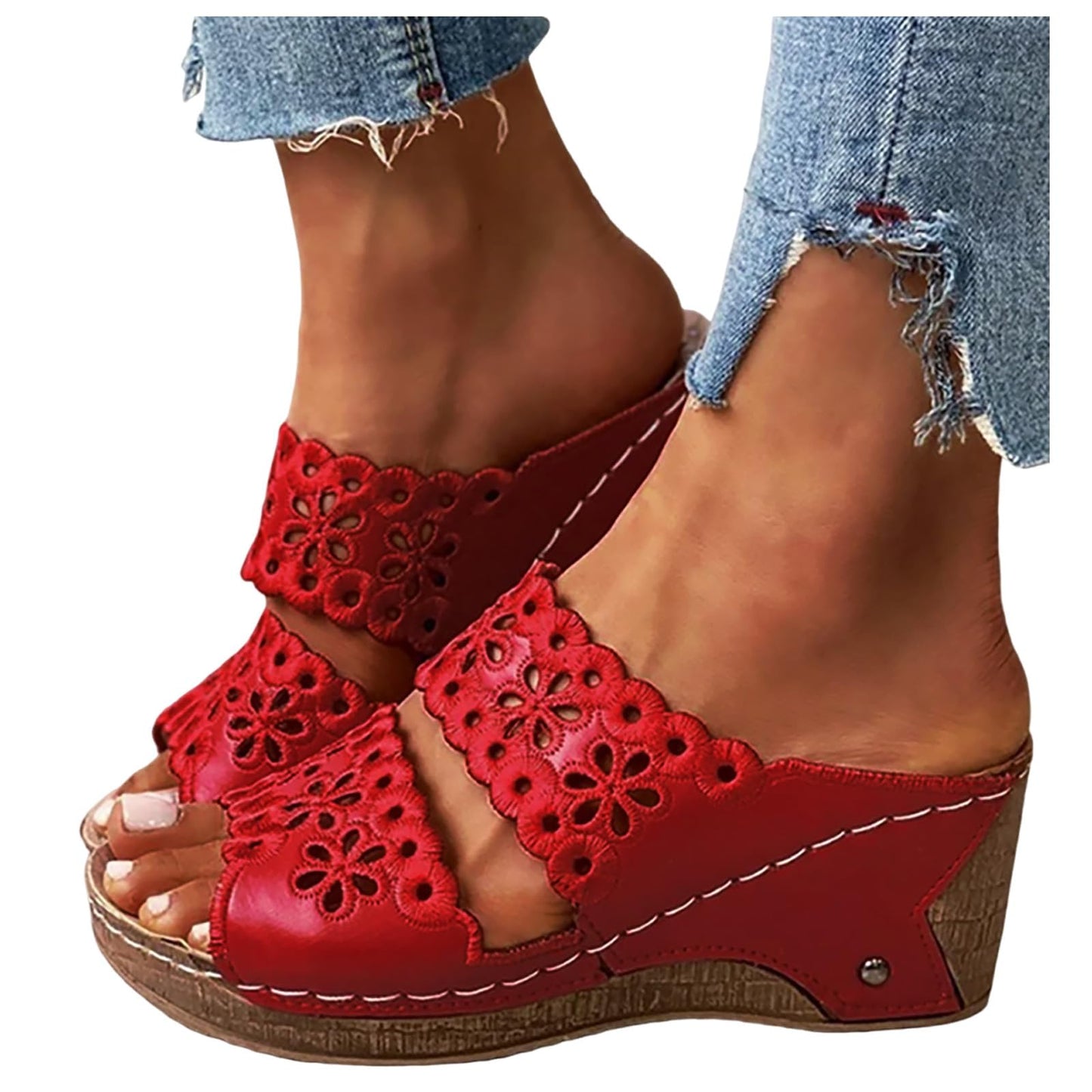 Women's Slip On Platform Wedge Sandals Casual Low Wedges Walking Strappy Slip on Sandals Comfy Walking Y2K Dress Shoes 07_Red, 8