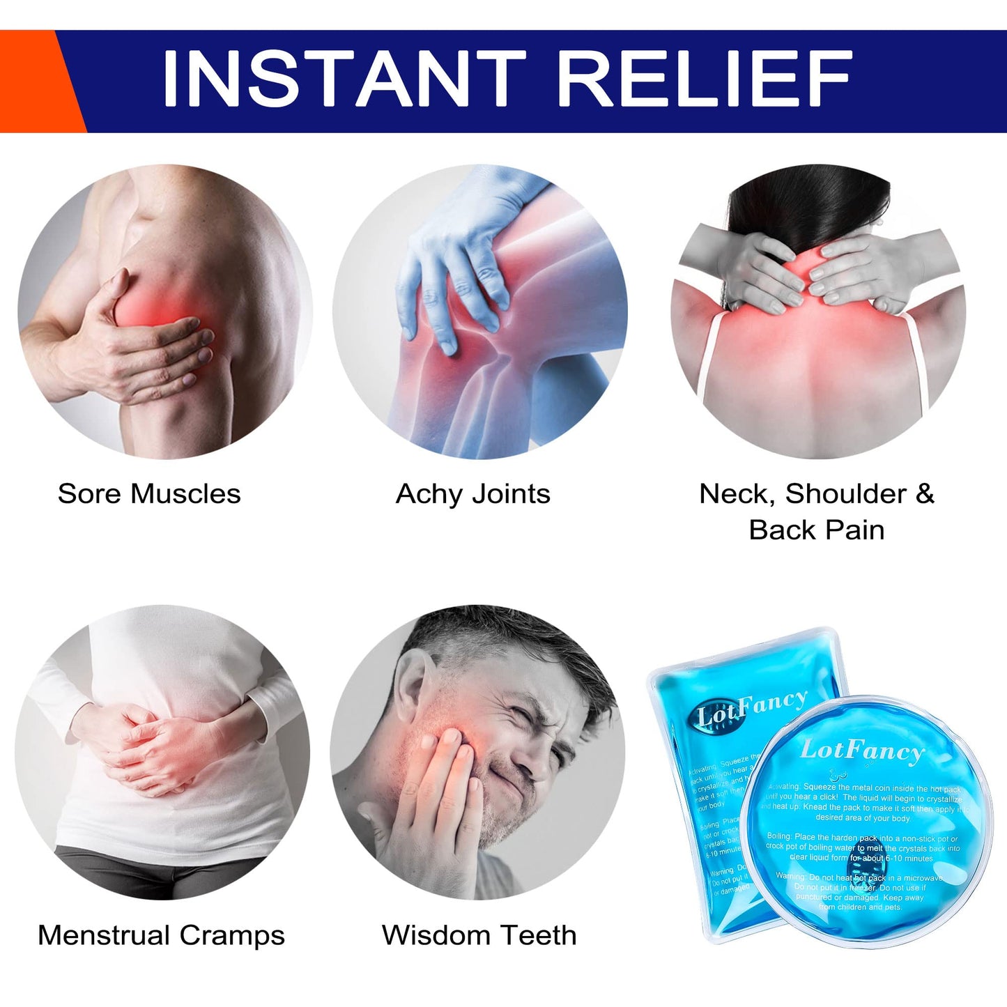 LotFancy Reusable Hand Warmer, 10 Click Activated Instant Heat Packs and 2 Wraps, Snap Hot Therapy Compress, Gel Heating Pad for Pain Relief, Outdoor & Portable Size