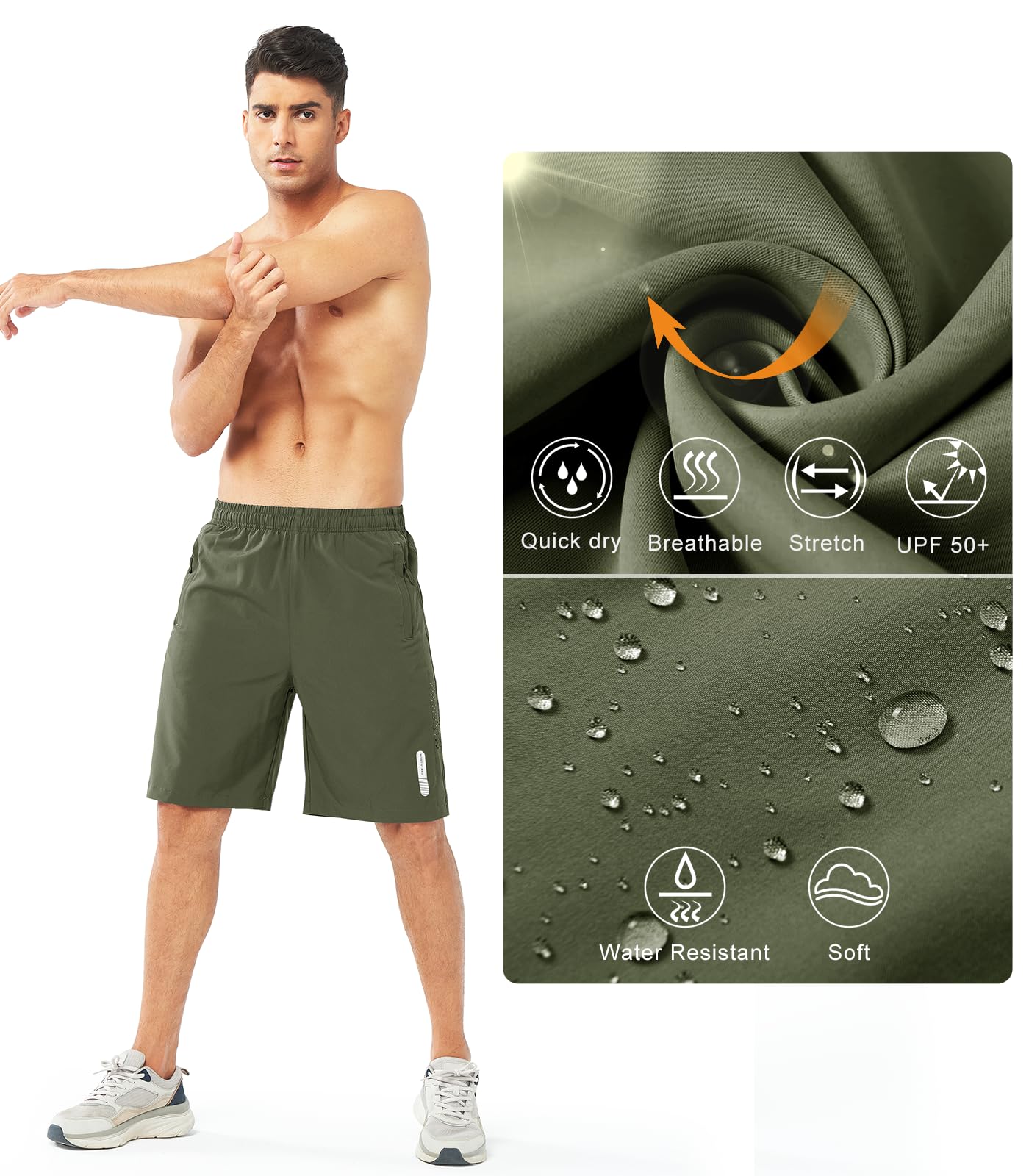 NORTHYARD Men's Athletic Running Shorts Gym Workout 7"/9"/5" Quick Dry Lightweight Sports Basketball Tennis 3 Zipper Pockets ARMYGREEN-9inch S