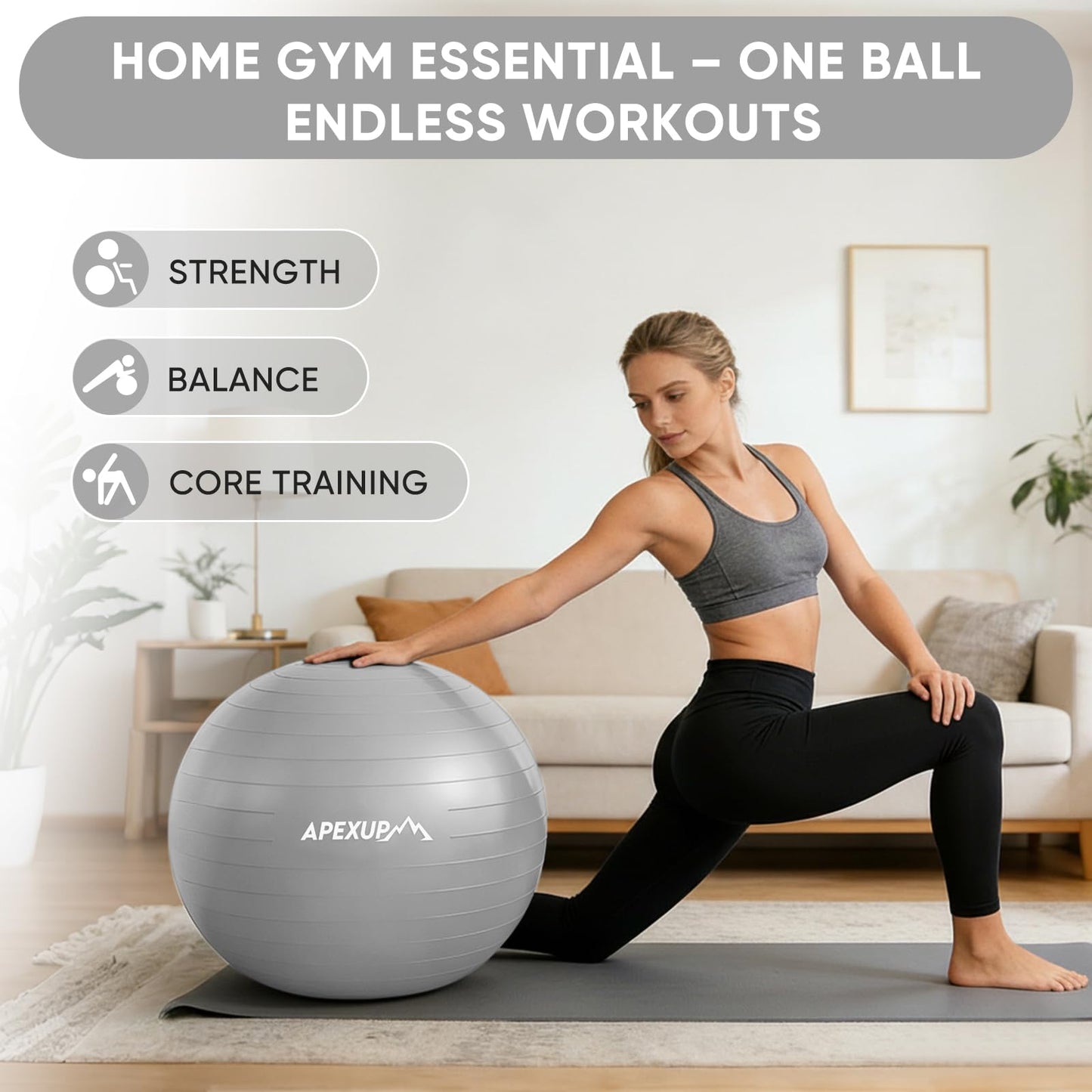 APEXUP Yoga Ball, 660 lbs Anti-Burst Exercise Ball with Pump, 5 Sizes (M (19"~22) 55cm, Silver)