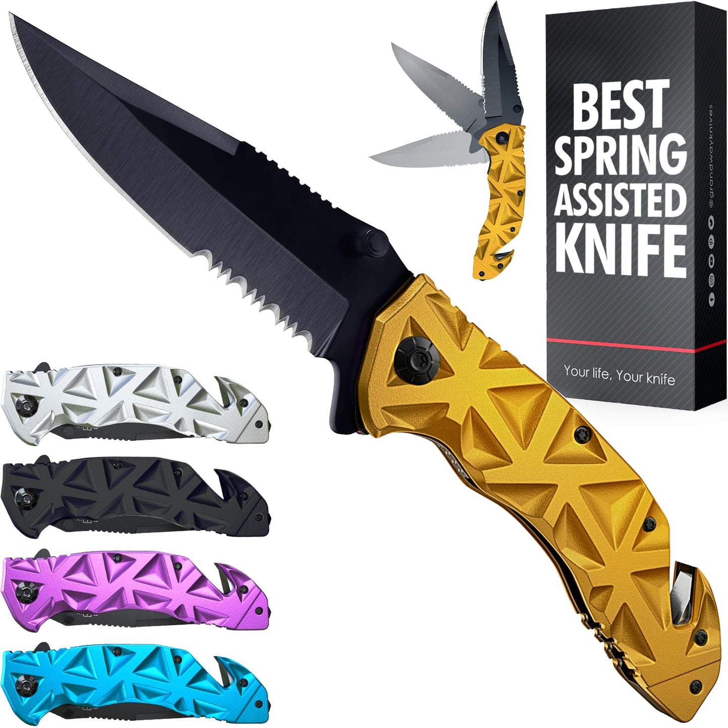 Spring Assisted Knife for Men & Women - Bronze Pocket Knife with Serrated Blade Glass Breaker Seatbelt Cutter - Cool Folding Knives for Camping Work EDC - Best Gift Ideas for Him and Her 207 G