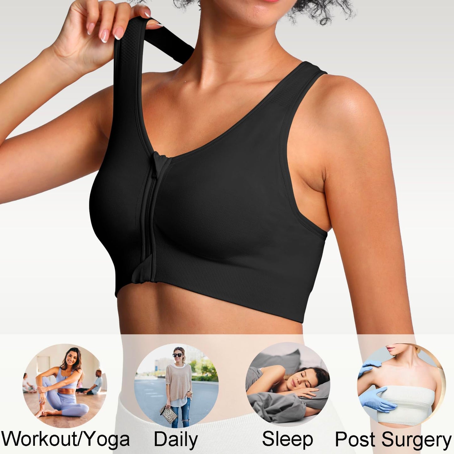 Lemef Front Zipper Sports Bras for Women Wirefree Post Surgery Bra Front Closure Racerback Compression Mastectomy Bras Black L