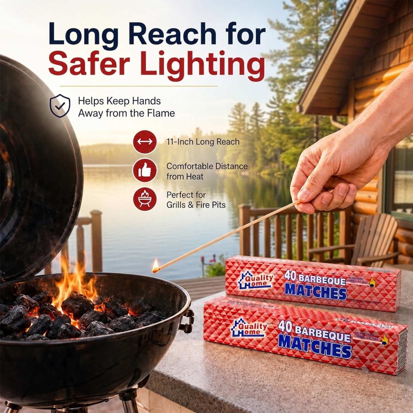 Quality Home Long Wooden Fireplace Matches for Candles, Camping, BBQ Grilling - 11" Matches, 40 in Each Box (3)