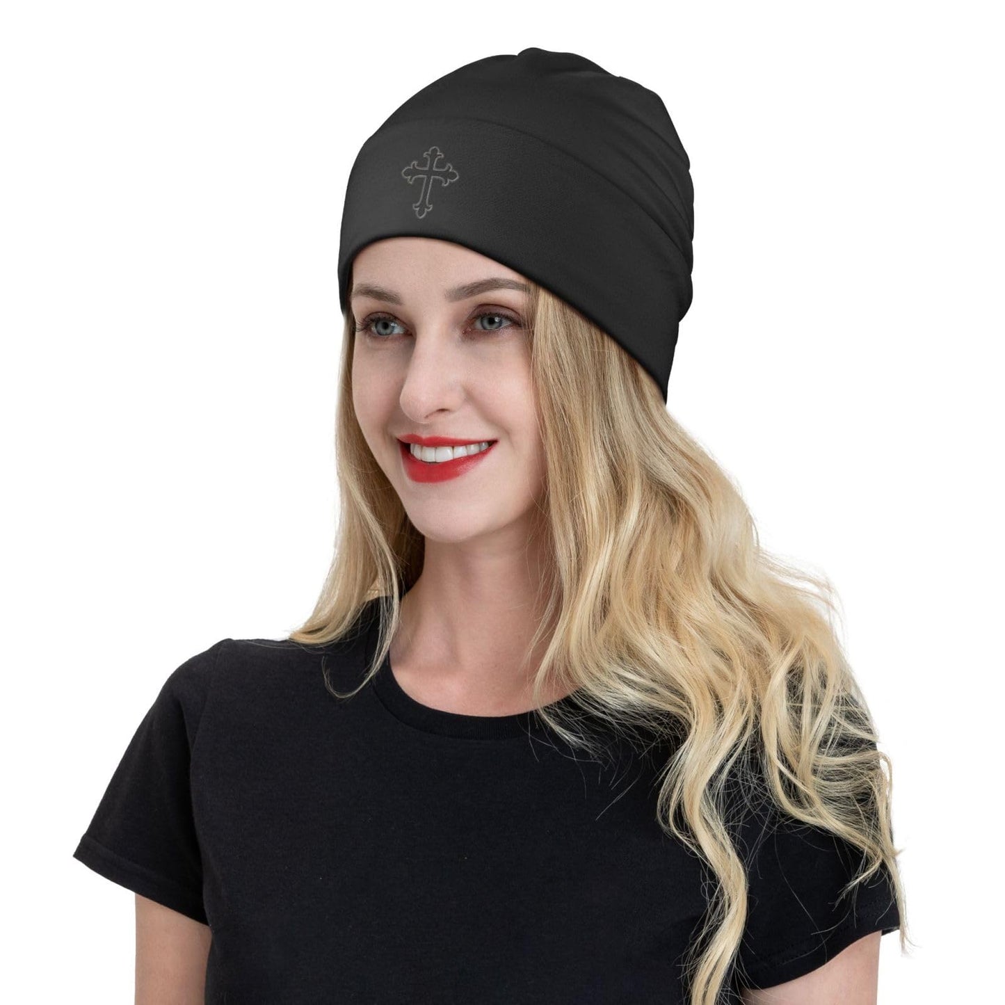 Christian Cross Black Beanie Hat for Men Women Winter Hats Knit Slouchy Hats Skull Cap Hedging Hat
