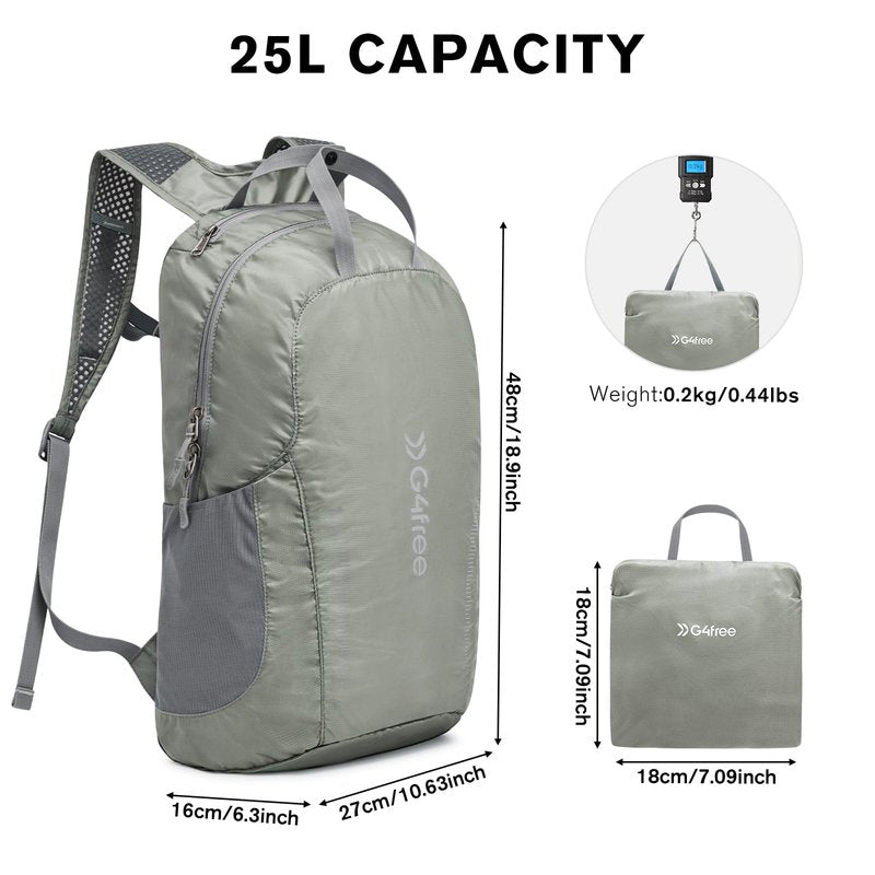 G4Free 25L Lightweight Hiking Backpack Packable Foldable Sport Travel Daypack Water Resistant for Women Men（Grey Green）