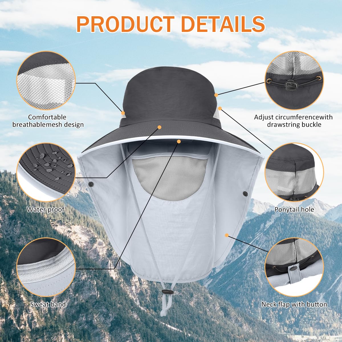 ZEXIAN Men&Women Wide Brim Fishing Ponytail Sun Hat with Removable Face and Neck Flap UPF 50+ UV Protection Safari Cap (US, Alpha, One Size, Dark Grey+Dark Grey)
