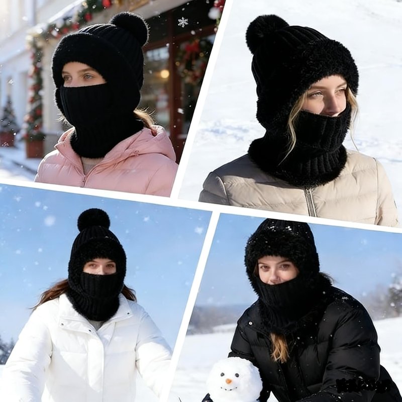 3 in 1 Beanie Hat for Men&Women，Beanie hat with Scarf and mask，Winter Warm Knitted hat Black