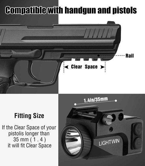 LIGHTWIN Gun Laser Light Combo, Green Laser with Tactical 600 Lumens Flashlight, Compact USB Rechargeable for Pistols Handguns