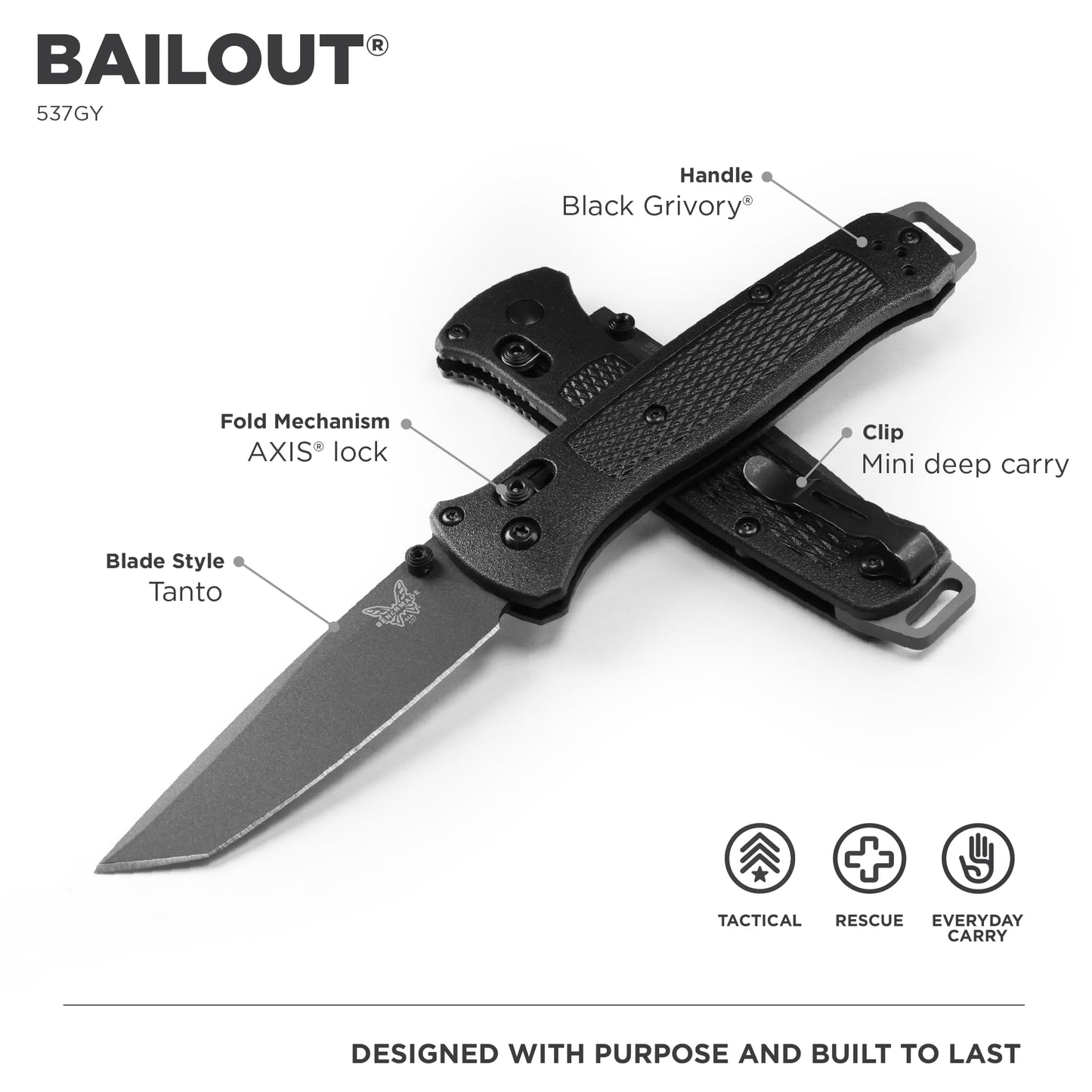 Benchmade - Bailout 537GY EDC Knife with Black Grivory Handle (537GY)