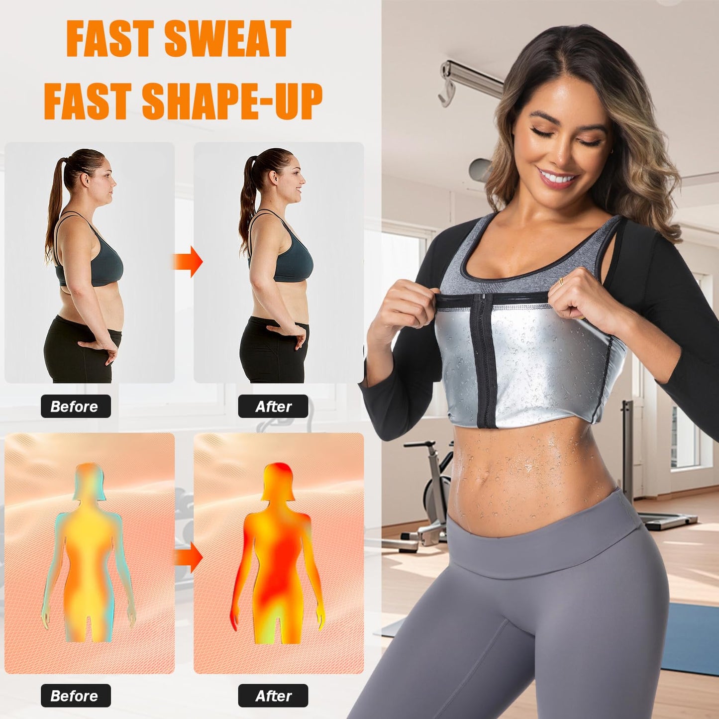 Towintec Sauna Suit for Women Heat Trapping Long Sleeve Sweat Suit Belly Fat Weight Loss Compression Shirts Waist Trainer Workout Body Shaper Tops with Zipper for Athletic Sports Training(Silver,M)