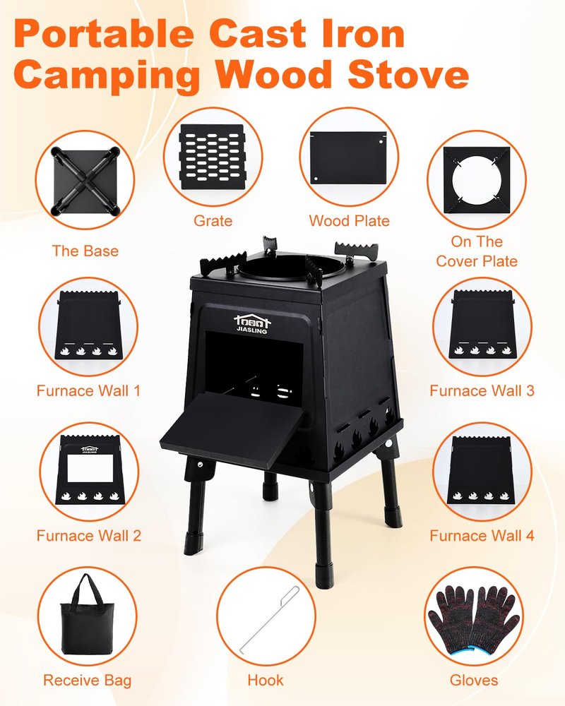 GVUHR Portable Wood Burning Stove - Lightweight Cast Iron Camp Stove for Backpacking，A Small Size 8.9in * 8.9in * 8.7in Backpacking Camping Stove Kit (Black, Small)