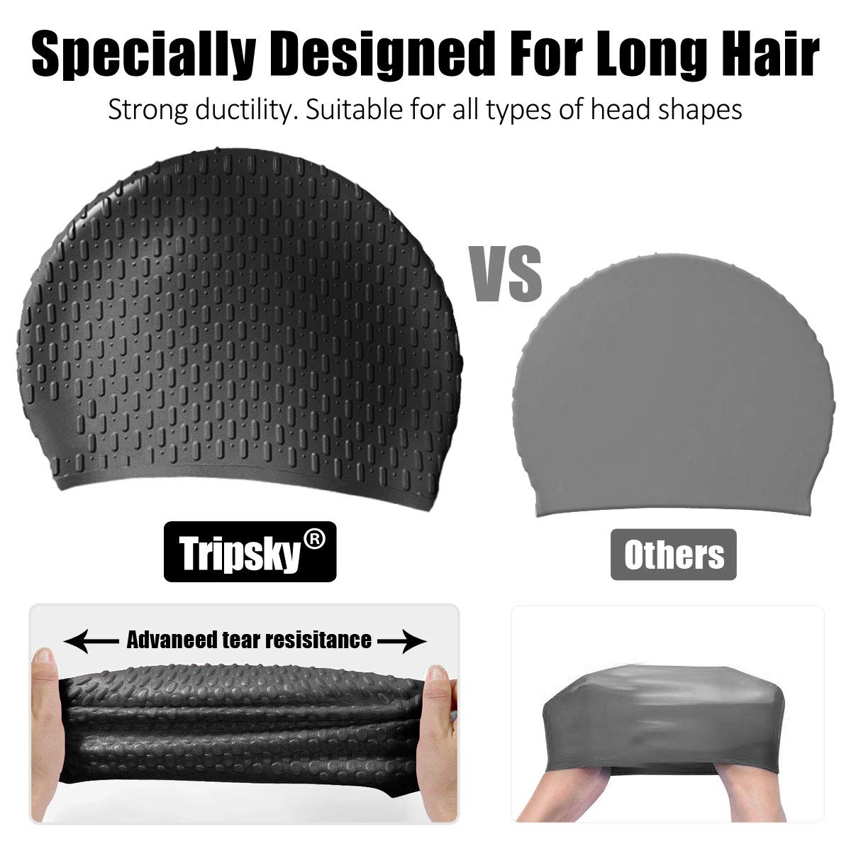 Tripsky Silicone Swim Cap,Comfortable Bathing Cap Ideal for Curly Short Medium Long Hair, Swimming Cap for Women and Men, Shower Caps Keep Hairstyle Unchanged (Black)