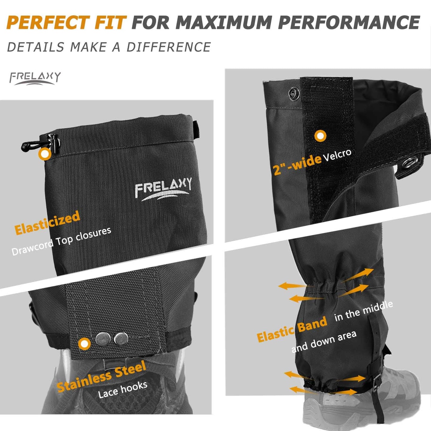 Frelaxy Leg Gaiters Ultra HIGH-Performance Hunting Gaiters, 100% Waterproof Hiking Gaiters with Upgraded Rubber Foot Strap, Adjustable Snow Boot Gaiters (Jet Black,S), Small