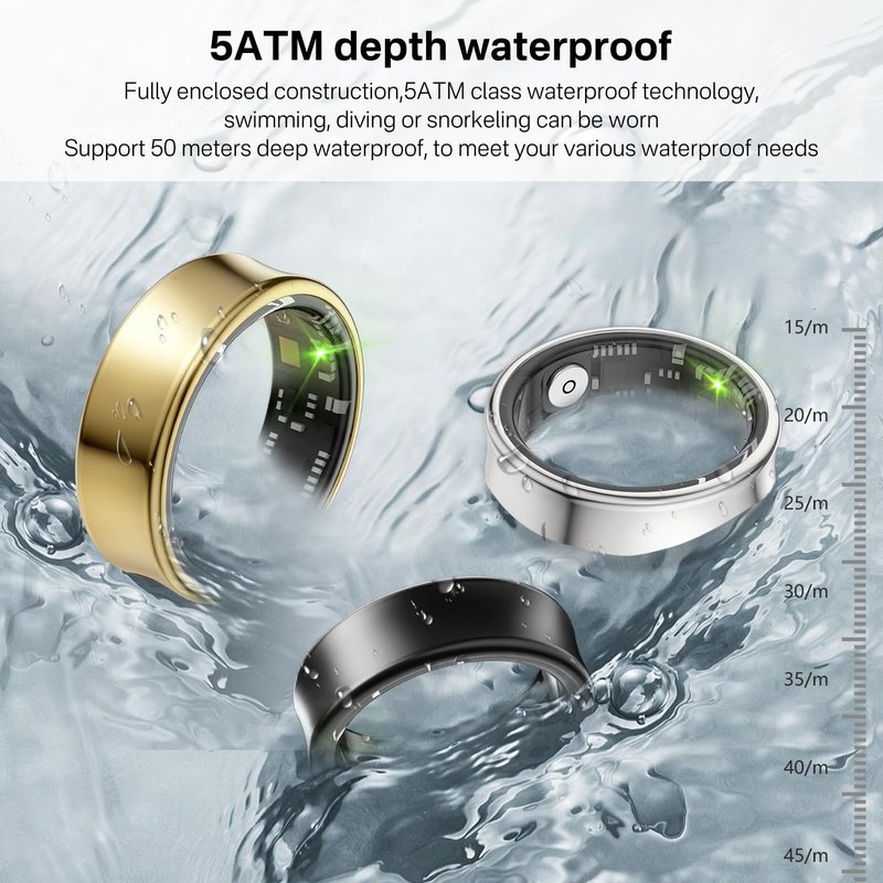 Tulbeys Smart Ring for Men & Women - 5ATM Waterproof, Health & Fitness Tracker, Heart Rate Monitor, Hand Gesture Brush Tiktok, Titanium Alloy Smart Rings for iOS/Android(Gold #11)