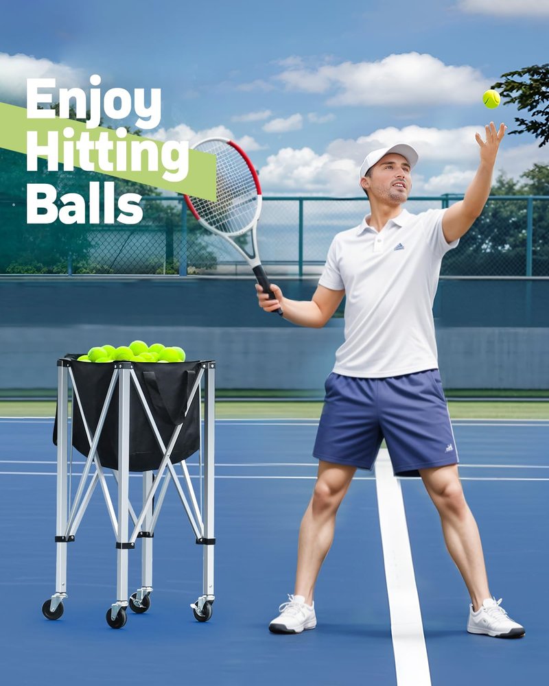 YooKoo Tennis Ball Hopper for 150 Balls, Tennis Ball Basket for Serve Training, Foldable Tennis Ball Cart with Storage Bag, Portable Pickleball Baseball Hopper Basket