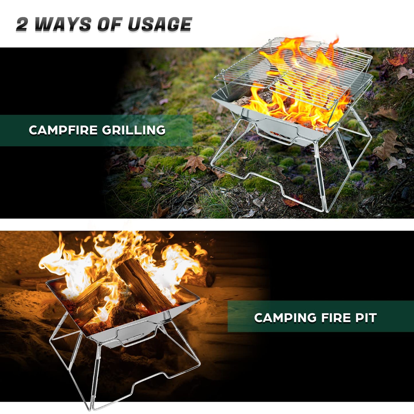 Odoland Folding Campfire Grill, Camping Fire Pit, Outdoor Wood Stove Burner, 304 Premium Stainless Steel, Portable Camping Charcoal Grill with Carrying Bag for Backpacking Hiking Travel Picnic BBQ