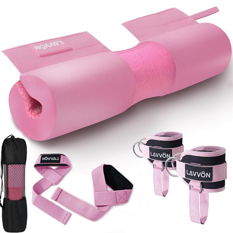 Barbell Squat Pad Set Nylon Padding AntiSlip- Thick Foam Barbell Pad for Squats Cushion,Lunges&Bar Padding for Hip Thrusts -Standard Weight Bar Pad -With Wrist Straps Weightlifting (Ankle-Pink)