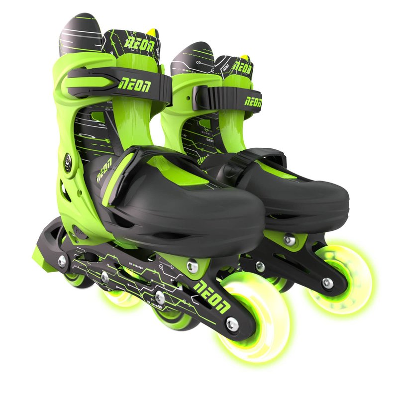 Yvolution Neon Combo Skates | 2-1 Quad and Inline Skates for Kids with LED Wheels | Adjustable Sizing (Green, 12-2)