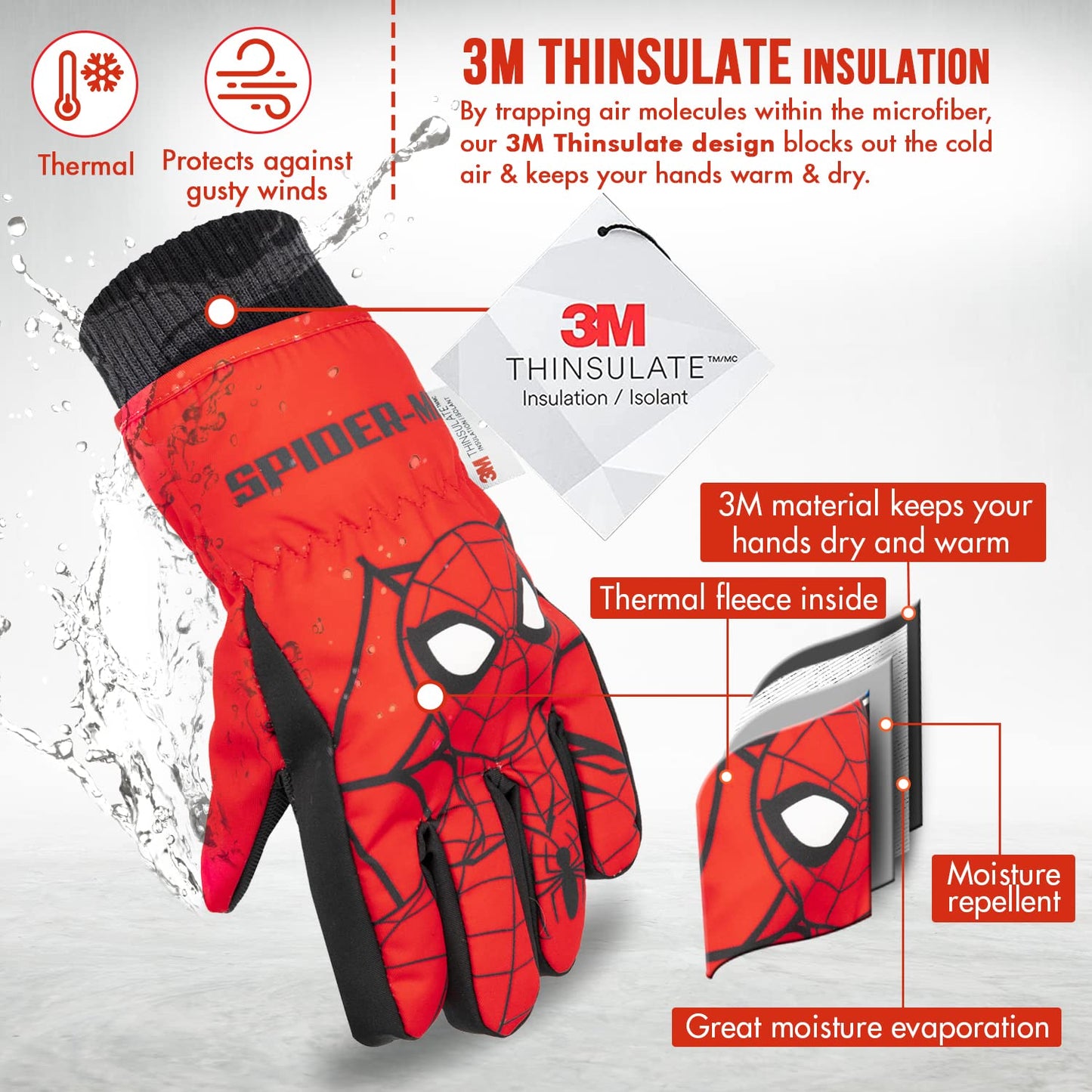 Spiderman Snow Gloves for Kids, Spider Man Toddler Gloves, 3M Thinsulate Waterproof Mittens, Kids Winter gloves