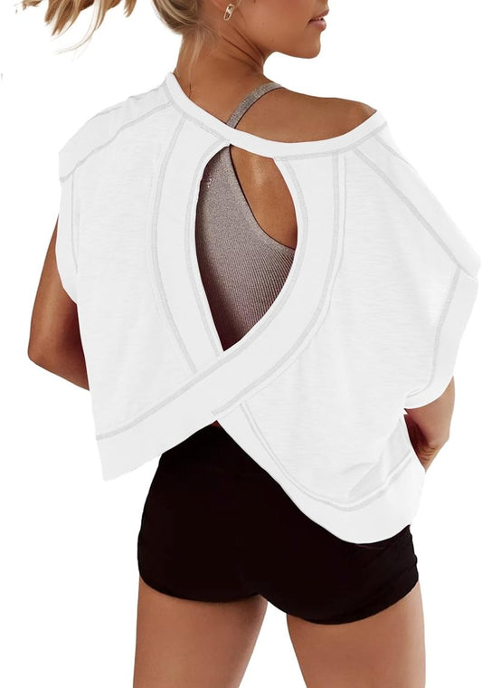 Open Back Tops for Women - Oversized Short Sleeve Athletic Crop Tees | Y2K Backless Workout Shirts