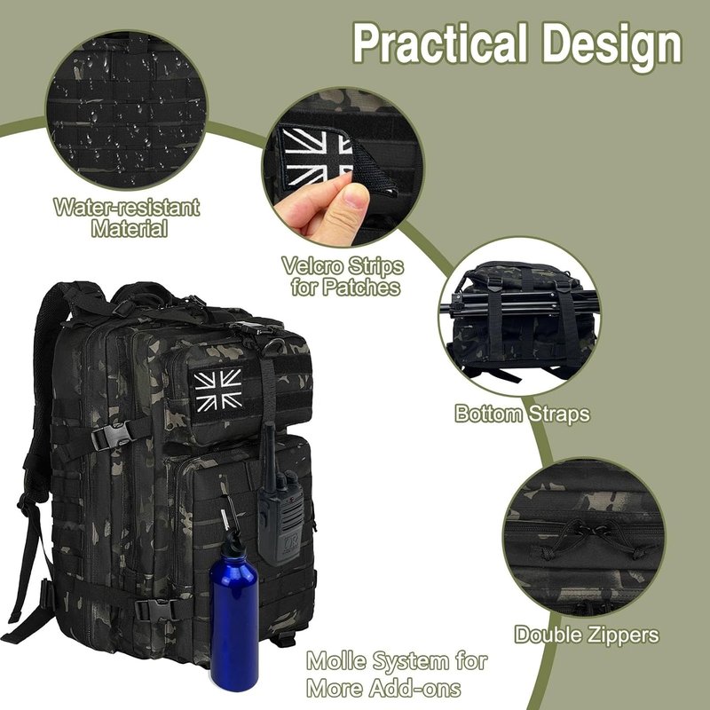 Military Backpack for Men - 45L Tactical Molle Rucksack | Heavy Duty Camouflage Bug Out Bag for Hiking & Gym