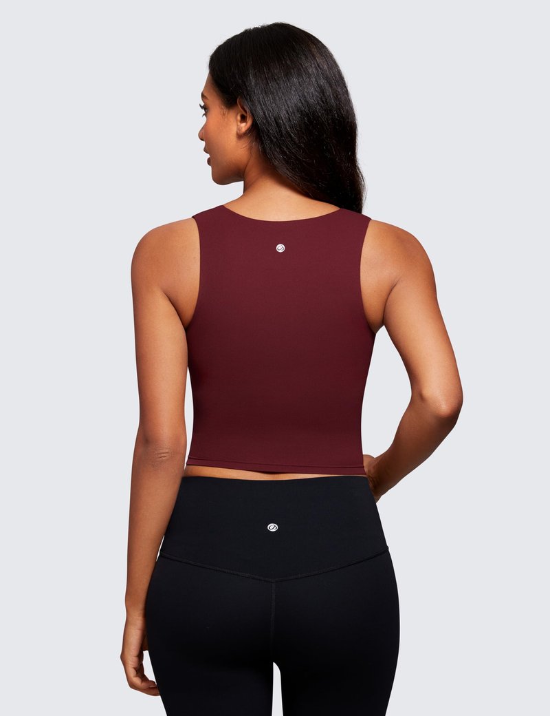 CRZ YOGA Butterluxe Womens Longline Square Neck Sports Bras - Basic Crop Tank Yoga Workout Tops with Built in Pads Red Merlot Medium