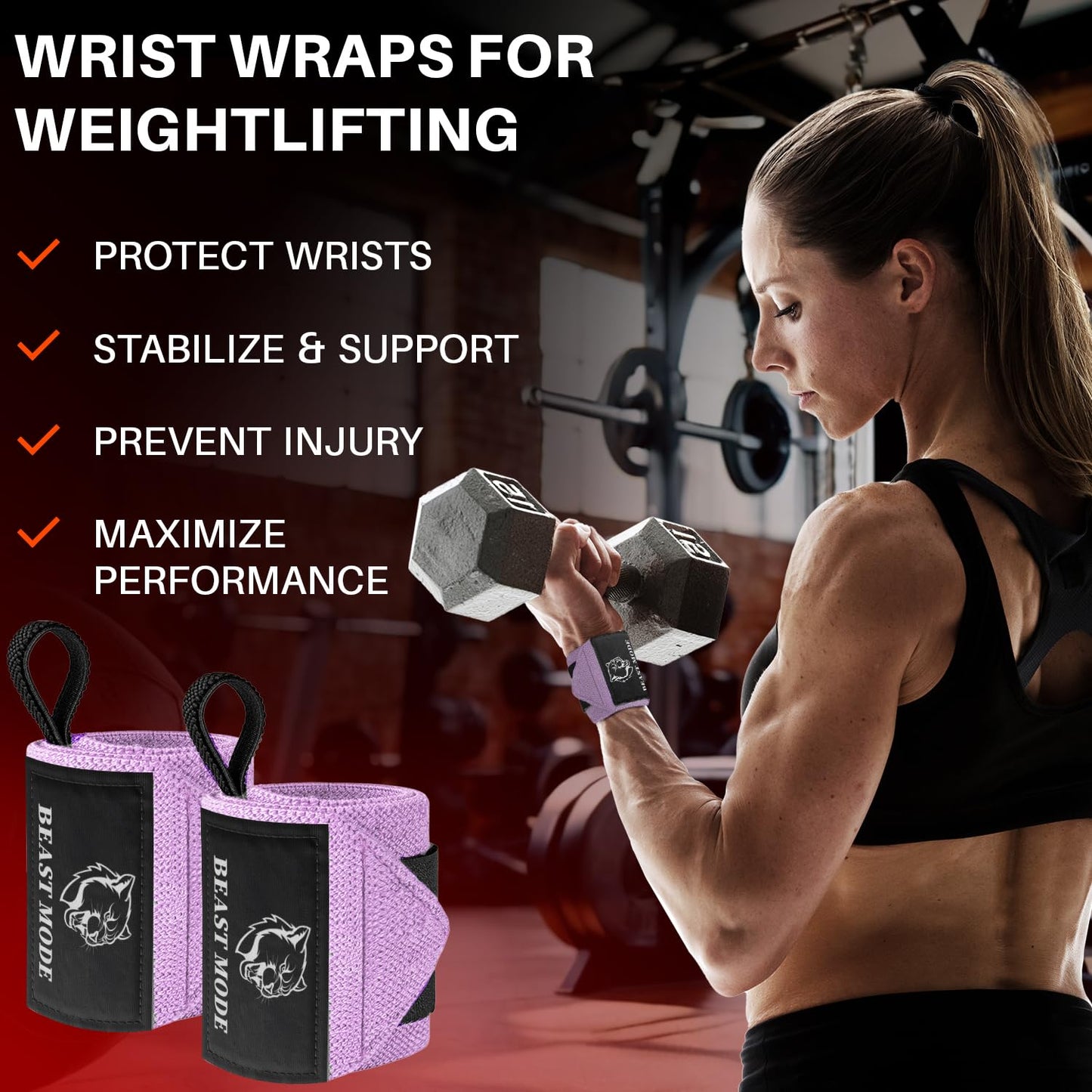 TECEUM Weightlifting Wrist Wraps with Thumb Loop – Pink – Beast Mode – 18 inch – Heavy-Duty Workout Wrist Support & Protection – Ideal for Powerlifting, Strength Training, Bodybuilding