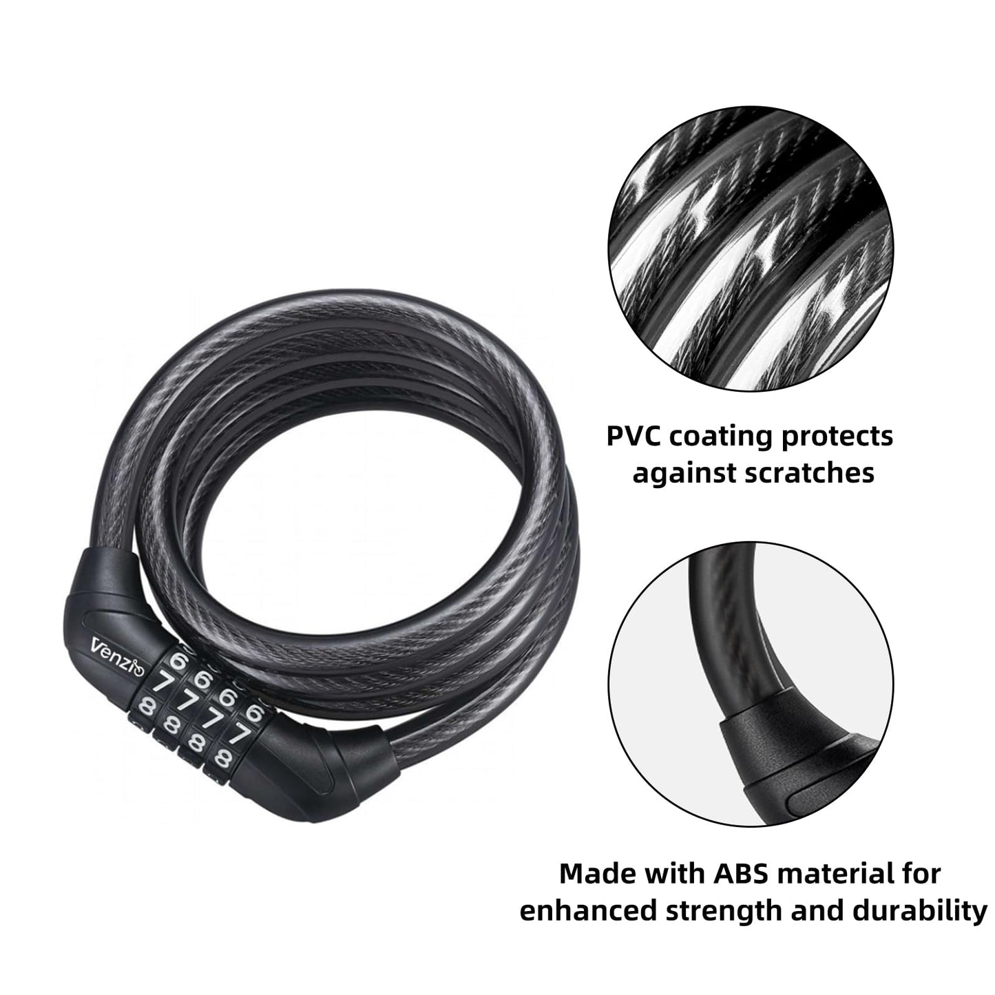 Venzio 2.62FT Bike Lock Cable, Heavy Duty 4-Digit Combination Lock, 10mm (3/8 inch) Self-Coiling Anti-Theft Security Cable for Bicycle, Scooter, Stroller, Fence, Gate, Grill, Outdoor Use
