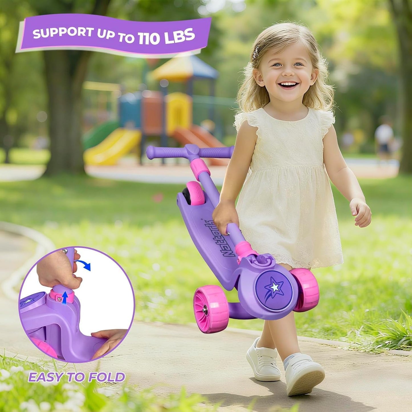 Kids Scooter for Girls & Boys - Light Up Wheels, Adjustable Height, Lean-to-Steer | Ages 3-8, Supports Up to 110 LBS