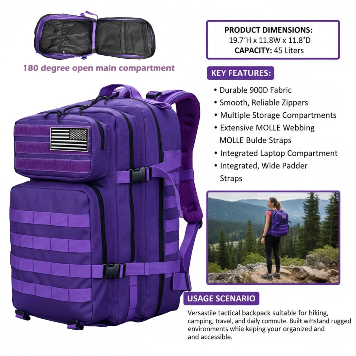Military Tactical Backpack 45L Men Women Bug Out Bag Molle Large Hiking Bag