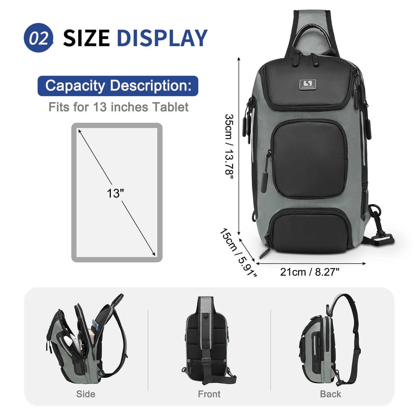 SUIKIHUM Sling Bag for Men, Anti Theft Mini Backpack with USB Charge Port, Lightweight Convertible Crossbody One Strap Casual Pack (Grey)