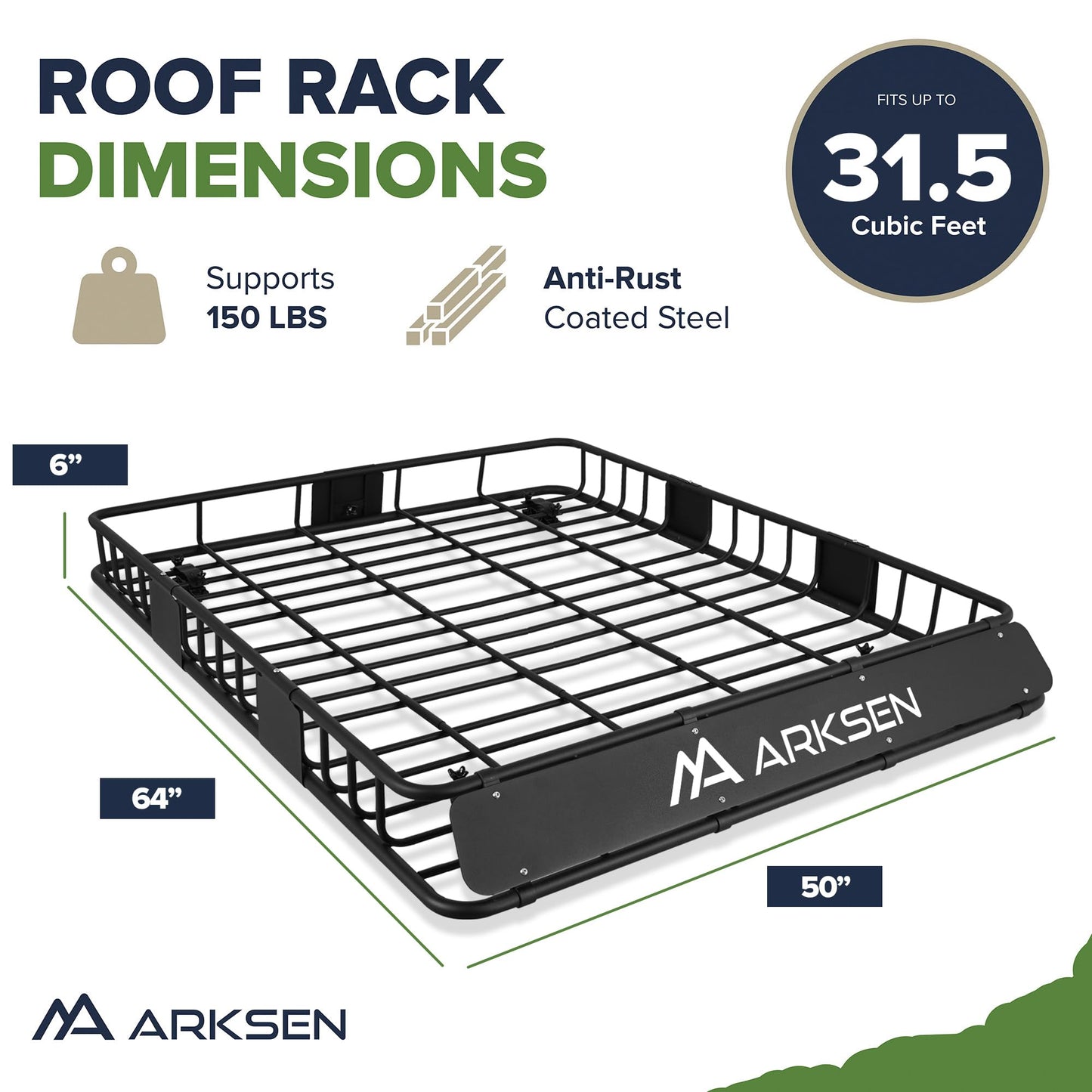 ARKSEN 64 x 50 x 6 Inch Universal Extra Wide 150LB Heavy Duty Roof Rack Cargo with Two Cargo Nets, Car Top Luggage Holder Carrier Basket for SUV, Truck, & Car Steel Construction