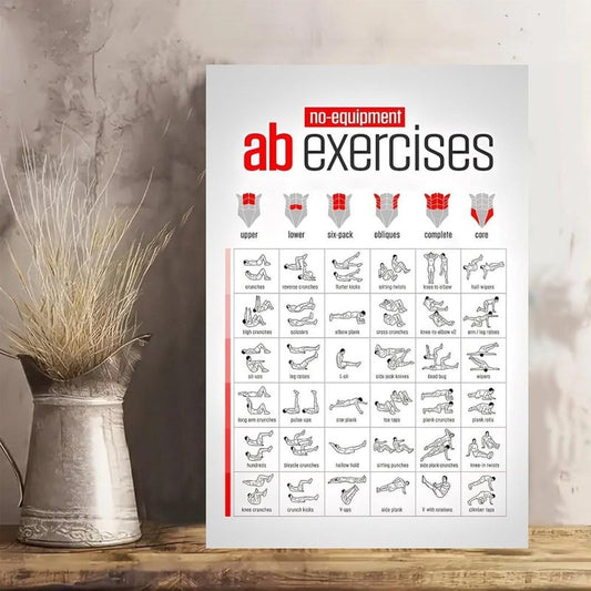 Vintage Rustic No Equipment Ab Exercises Diagram Canvas Wall Art - 12x18in Unframed Poster | Ideal Gift for Home & Office Decor