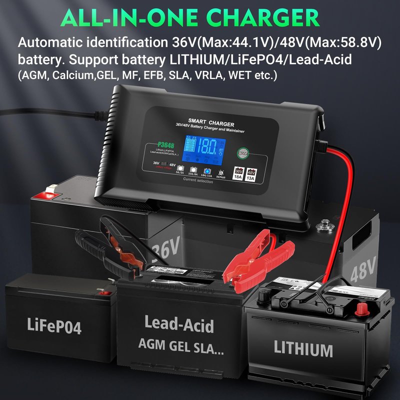 Golf Cart Battery Charger, 36 Volt 18 AMP/48 Volt 13 Amp Large Screen Golf Cart Charger for Club Car Golf Carts with 3 Pin Round Plug, Lithium, LiFePO4, Lead-Acid AGM/Gel/SLA Smart Battery