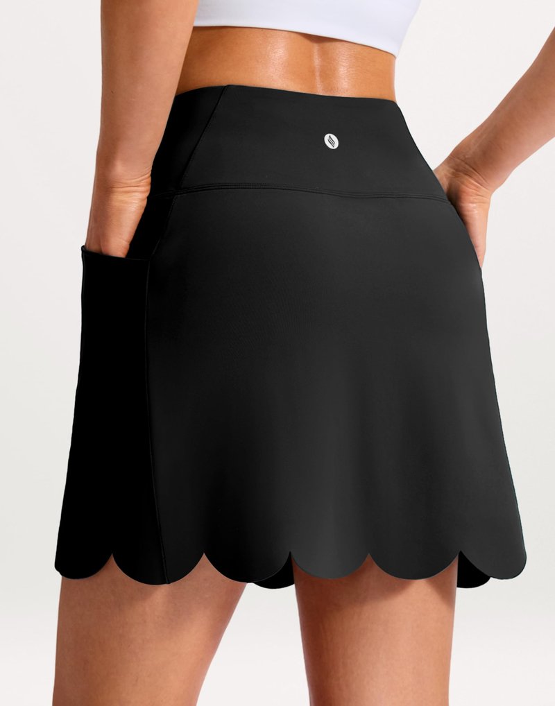 SANTINY 16" Skorts for Women with 4 Pockets High Waisted Scalloped Hem Athletic Tennis Skirt Golf Skort Dressy Casual (Black_L)